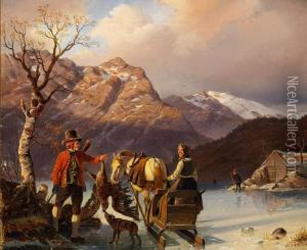 Norwegian Landscape With People On A Frozen Lake Oil Painting - Johannes-Bertholomaus Dutntze