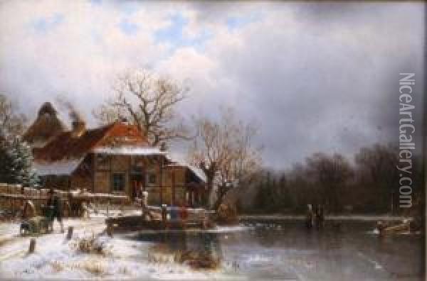 German Oil On Wooden Panel 
Winter Landscape With Cottage And Figures On The Ice Signed And Dated 
1876 10 X 15in Oil Painting - Johannes-Bertholomaus Dutntze