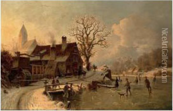 Figures Skating On A Frozen Lake Oil Painting - Johannes-Bertholomaus Dutntze