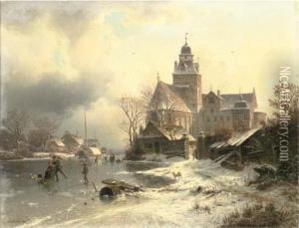 Skaters In A Frozen Winter Landscape Oil Painting - Johannes-Bertholomaus Dutntze