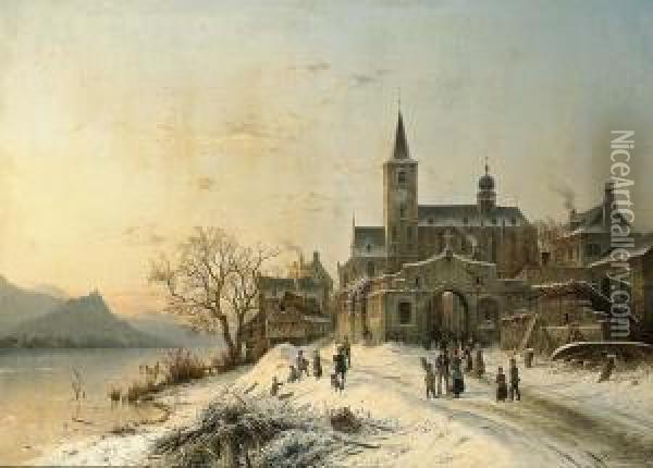 Winter Landscape Near Lorch Am 
Rhein With A View Of The Schonburg Ruin Oil Painting - Johannes-Bertholomaus Dutntze