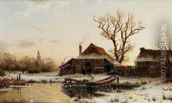 A Winter Twilight Oil Painting - Johannes-Bertholomaus Dutntze