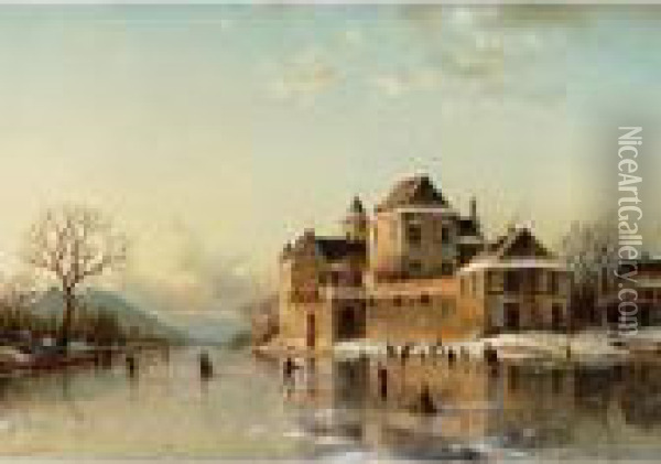A Village On The Rhine In Winter Oil Painting - Johannes-Bertholomaus Dutntze