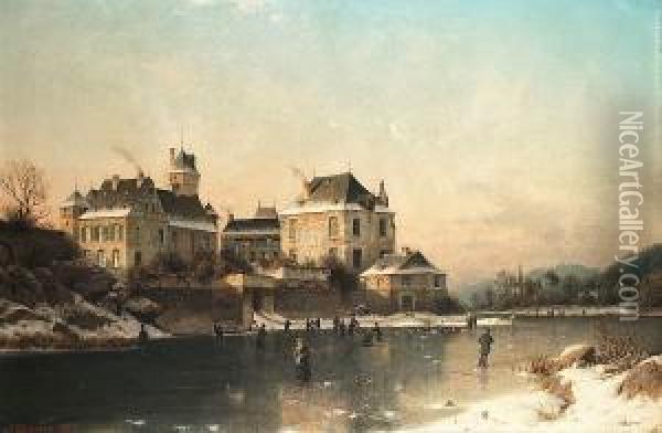 Skating On A Frozen River Oil Painting - Johannes-Bertholomaus Dutntze