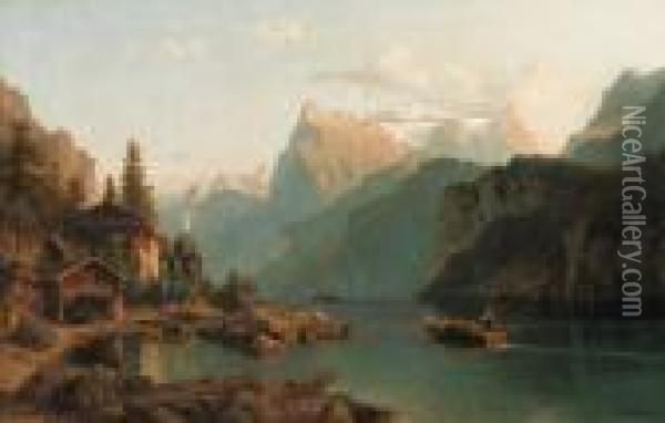 An Idyllic Landscape In Tirol Oil Painting - Johannes-Bertholomaus Dutntze