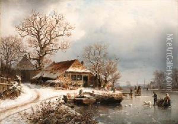 A Frozen Winter Landscape Oil Painting - Johannes-Bertholomaus Dutntze