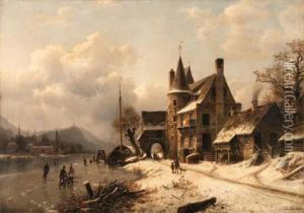 A Village In Winter By A Frozen Stream Oil Painting - Johannes-Bertholomaus Dutntze