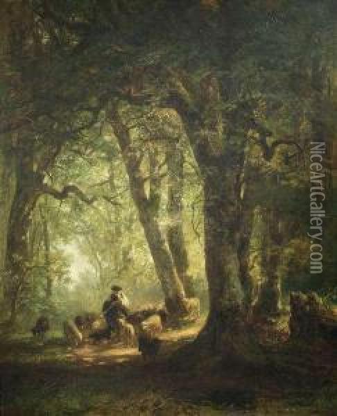 Woods Inside With Aherdsman And His Flock. Oil Painting - Carl Ebert
