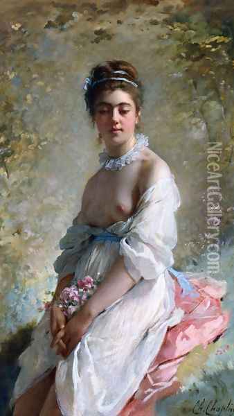 A Beauty with a Bouquet Oil Painting - Charles Chaplin