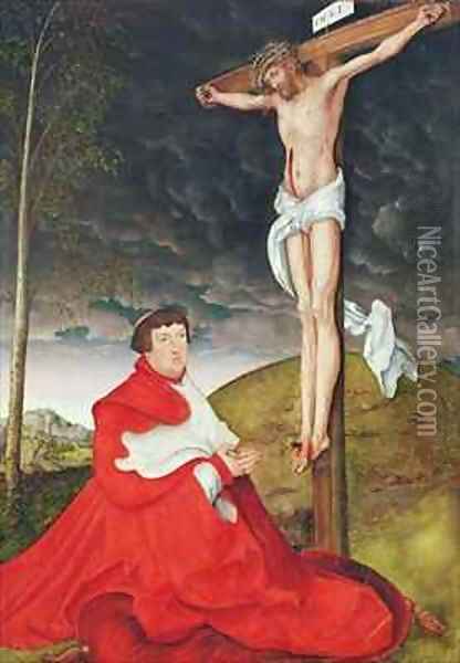 Albert Cardinal Elector of Mainz at the foot of the Cross Oil Painting - Lucas The Elder Cranach