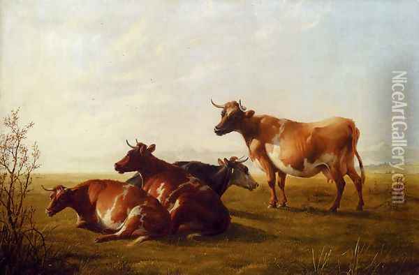 Cows In A Meadow Oil Painting - Thomas Sidney Cooper