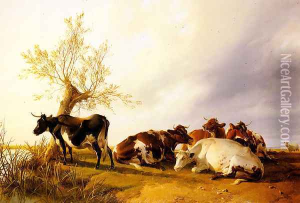 Dairy Cows Resting Oil Painting - Thomas Sidney Cooper