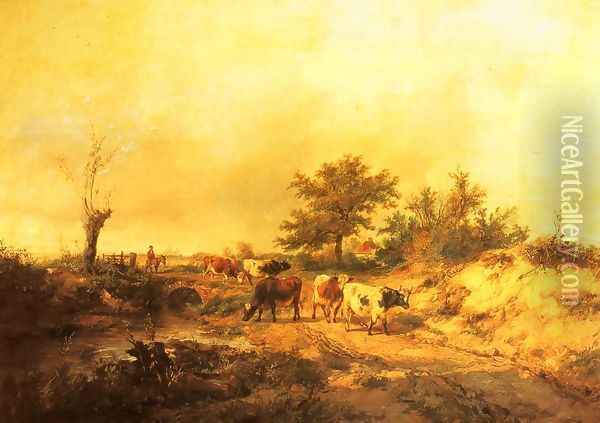 Near Canterbury: a Boy on a Donkey driving Cattle along a Road, the Cathedral beyond Oil Painting - Thomas Sidney Cooper