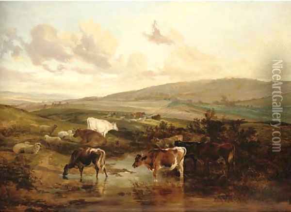 Sheep and cattle by a pond Oil Painting - Thomas Sidney Cooper