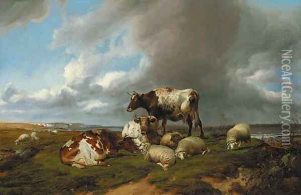 On the South Coast, with cows and sheep Oil Painting - Thomas Sidney Cooper