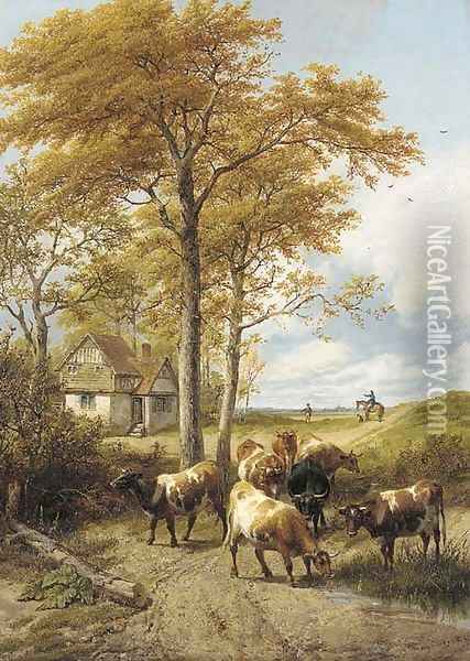 Cattle by a cottage, and a rider with his dog, Canterbury beyond Oil Painting - Thomas Sidney Cooper