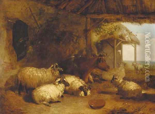 Sheep and cattle in a barn Oil Painting - Thomas Sidney Cooper