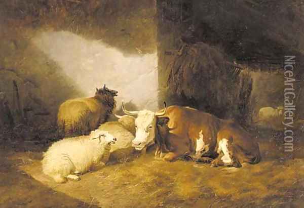Cows and sheep in a barn Oil Painting - Thomas Sidney Cooper