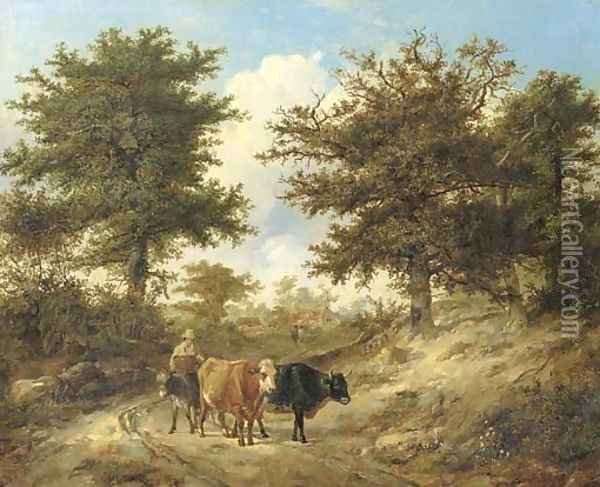 A lane scene, with a peasant driving cattle Oil Painting - Thomas Sidney Cooper