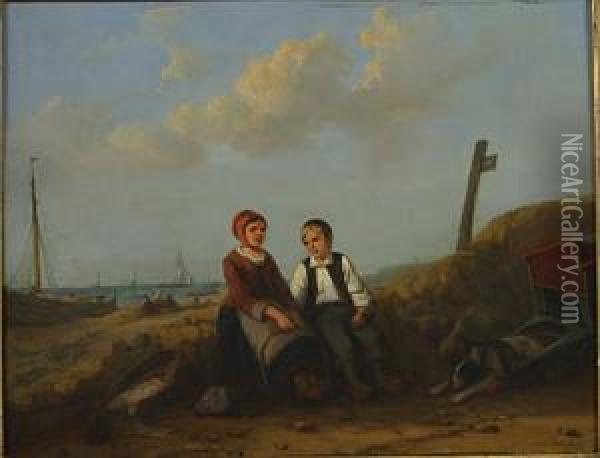 Twee Kinderen Op Het Strand. Oil Painting - Egidius Linnig