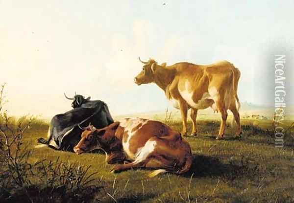 Cattle resting on a grassy mound in an extensive landscape Oil Painting - Thomas Sidney Cooper