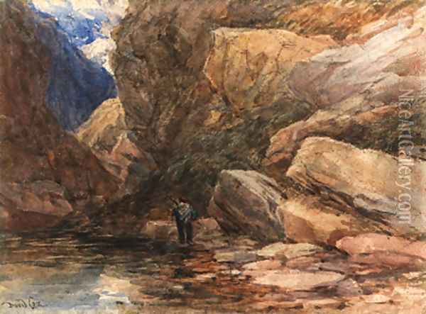 A hunter in a rocky river landscape Oil Painting - David Cox
