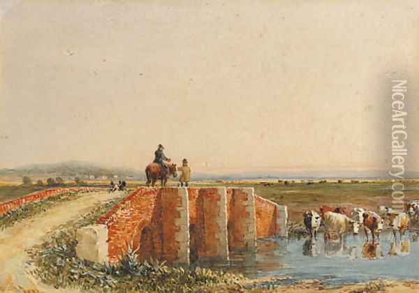 Figures crossing a bridge, cattle watering below Oil Painting - David Cox
