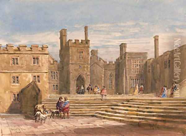 Figures in historical costume before Haddon Hall, Derbyshire Oil Painting - David Cox
