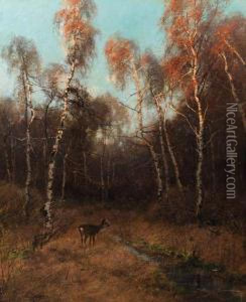 A Birch Forest With A Deer By A Stream Oil Painting - August Fink