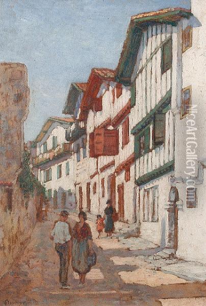 A Street Scene With Figures Before Timberframed Houses Oil Painting - Louis Floutier