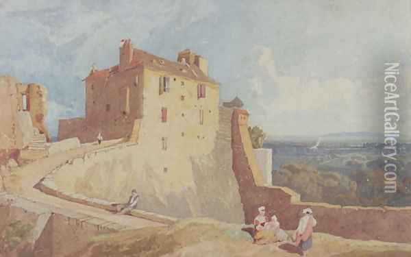 Figures on the Ramparts at Domfront Oil Painting - John Sell Cotman