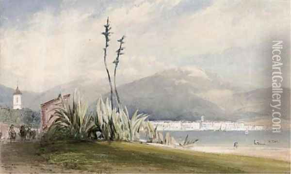 View across the bay towards Nice, France Oil Painting - William Callow