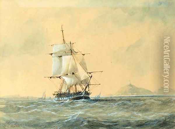 A frigate off the coast Oil Painting - William Callow