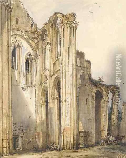 Labourers loading a cart in the ruins of the Benedictine abbey of St. Vandrille Oil Painting - William Callow