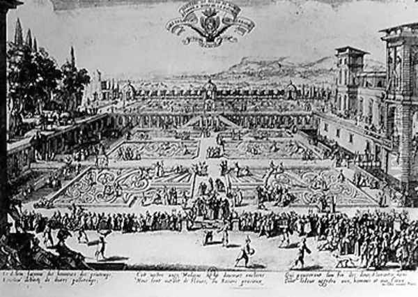 The Garden at the Palais de Nancy, dedicated to the Duchess of Lorraine, 1624 Oil Painting - Jacques Callot