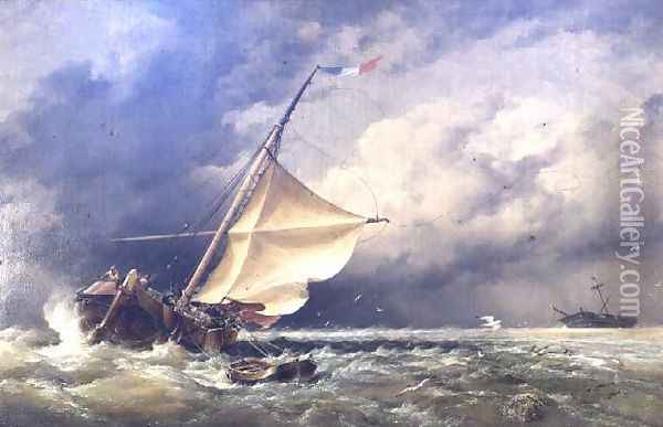 A Dutch Beurtman aground on the Terschelling Sands or In the North Sea after a Snowstorm, 1865 Oil Painting - Edward William Cooke