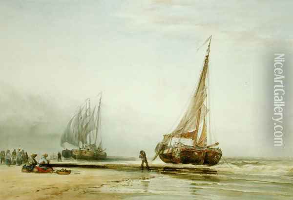 Dutch Fishing Boats on the Beach with Groups of Fisherfolk, 1856 Oil Painting - Edward William Cooke