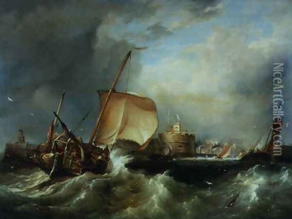French Herring Boat Running into the Port off Havre de Grace Oil Painting - Edward William Cooke