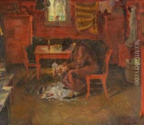 Interior Med Kvinne Som Plukker Fugl 1931 Oil Painting - Bernhard Folkestad