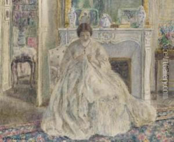 Woman Seated By A Fireplace Oil Painting - Frederick Carl Frieseke
