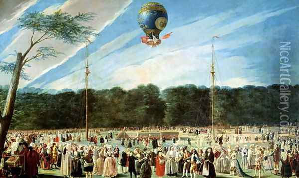 The Ascent of the Montgolfier Balloon at Aranjuez, c.1764 Oil Painting - Louis Carrogis Carmontelle