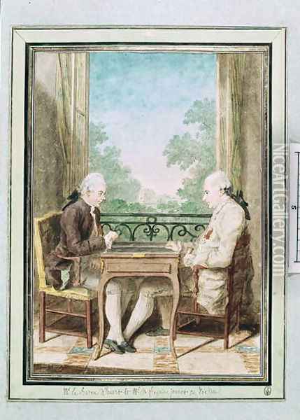 Baron d'Huart and Monsieur de Fraguier Playing Backgammon, c.1760 Oil Painting - Louis Carrogis Carmontelle