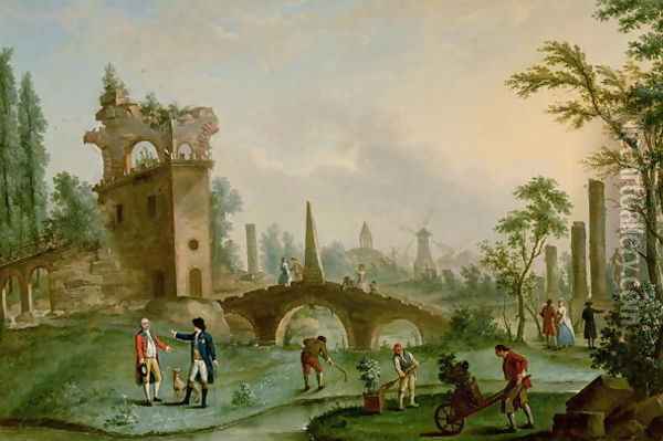 Carmontelle (1717-1806) giving the Keys of the Parc Monceau in Paris to the Duke of Chartres (1747-93) Oil Painting - Louis Carrogis Carmontelle