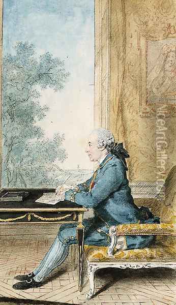 A seated Gentleman in profile to the Left writing a Letter at a Desk in front of an open Window Oil Painting - Louis Carrogis Carmontelle
