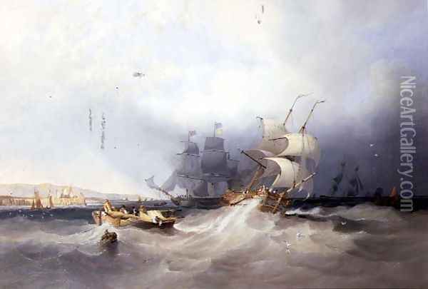 A Dutch Brig on a Port Reach and other Shipping off an East Coast Harbour Oil Painting - James Wilson Carmichael