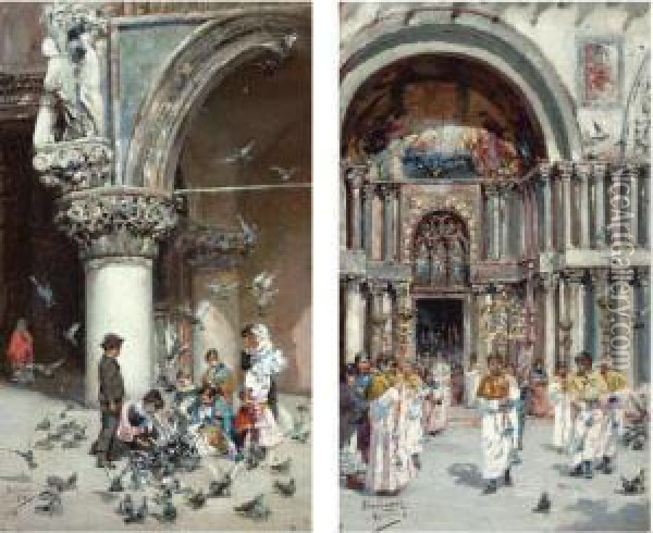 Outside Saint Mark's Basilica, Venice; A Pair Oil Painting - Jose Gallegos Y Arnosa