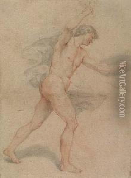 A Male Nude, Striding To The Right, Holding A Sword And A Shield Oil Painting - Luigi Garzi