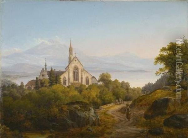 Blick Auf Eine Klosteranlage Uber Dem Vierwaldstattersee. Oil Painting - August Christian Geist