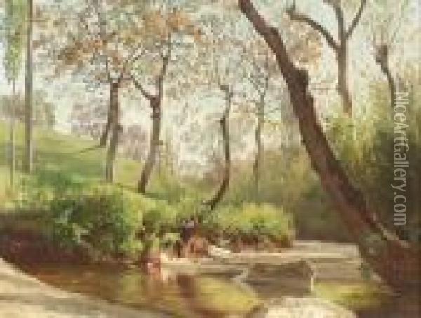 Herbstliche Flusspartie Mit Bewaldetem Ufer. Oil Painting - Jean Philippe George-Juillard