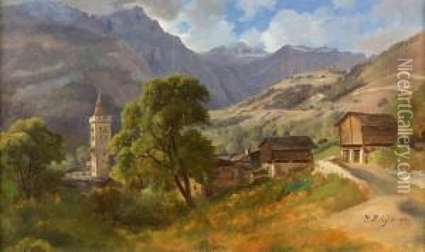Walliser Landschaft Mit Der Kirche Von Leuk. Oil Painting - Jean Philippe George-Juillard